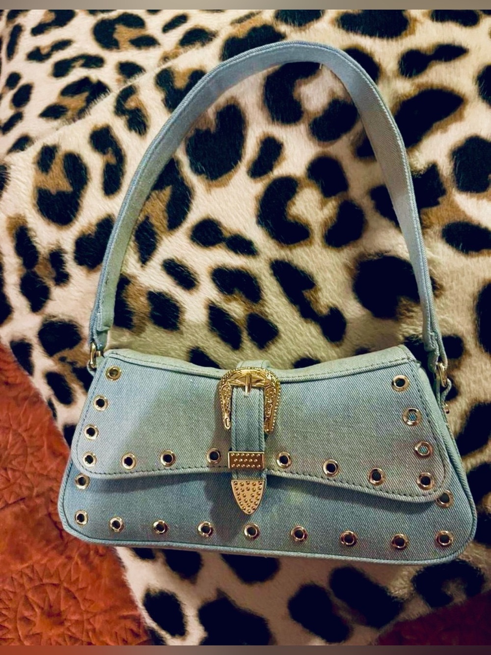 Betsey Johnson Blue Jeans Shoulder Bag Grommet Buckle Magnetic Closure